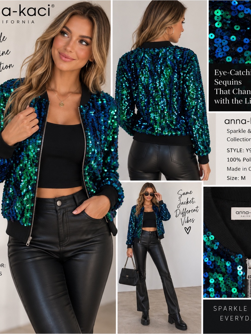 Anna-Kaci Women’s Blue & Green Sequin Bomber Jacket